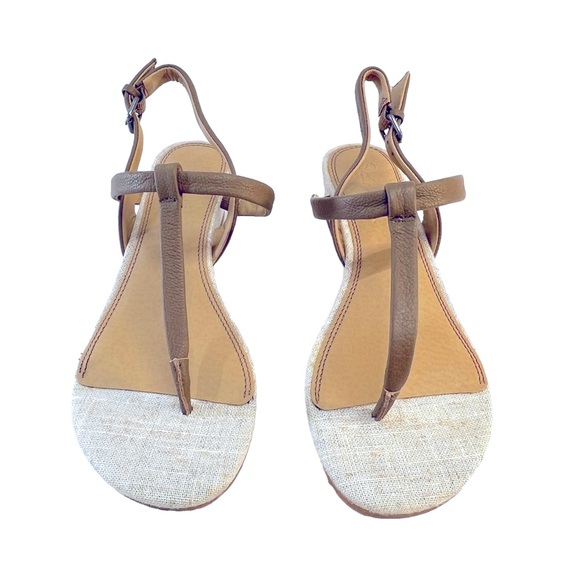 SPLENDID T Strap Beige Linen and Taupe Leather  Wedge Sandals NEW IN BOX SZ 9 - Picture 6 of 11